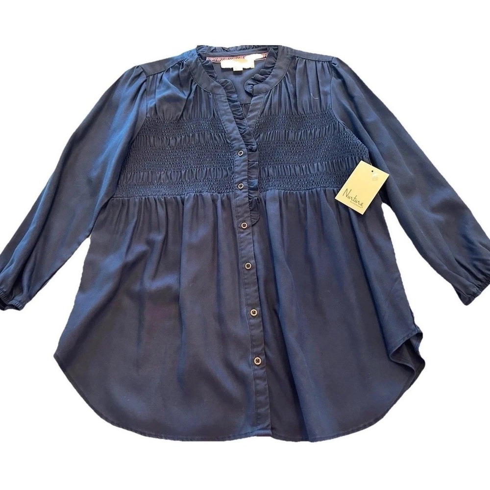 New Nurture Ruffle Collar Smock Top S Ruching Front & Back 3/4 Sleeve Navy Boho